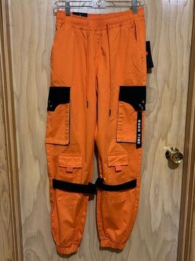 American Bazi Good Time Orange Cargo Rave Pants with Black Accents